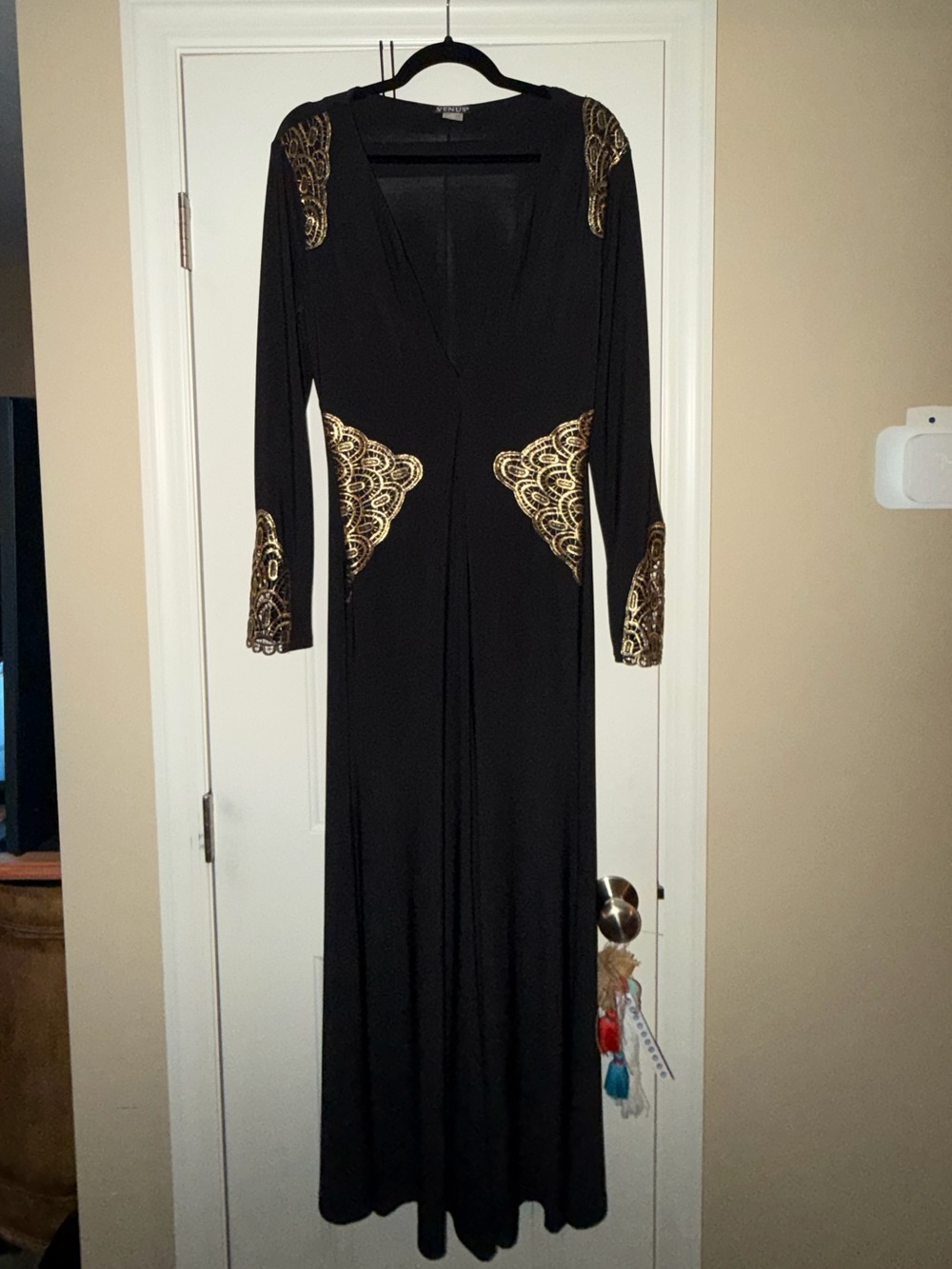 VENUS Black Long Sleeve Maxi Dress with Gold Embroidery
